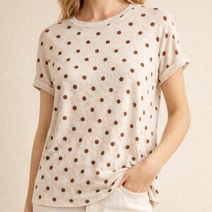 Piper Linen Polka Dot T-Shirt Cream Brown Relaxed Fit Short Sleeve Top XS